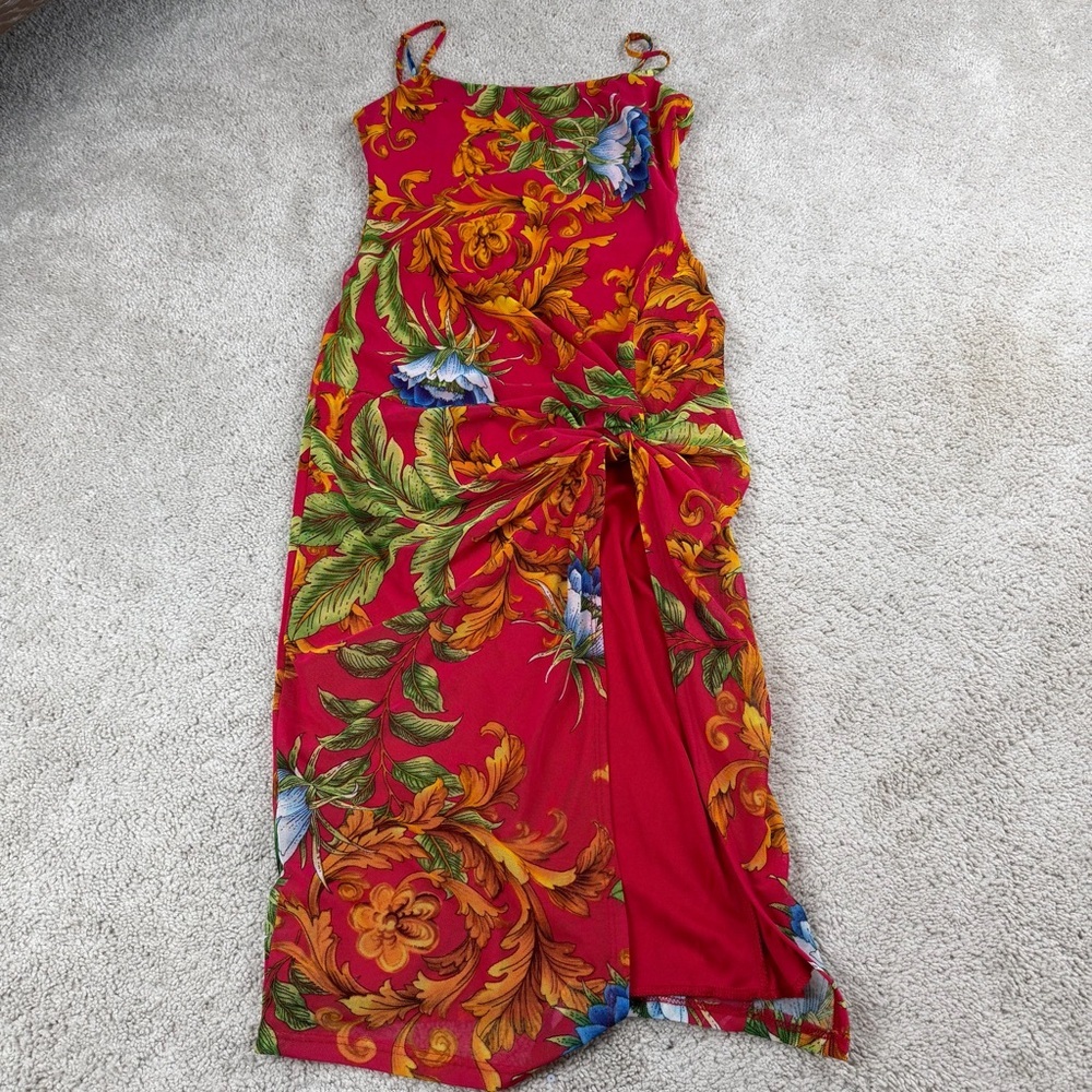 Spring Haze Womens S Red Floral Mesh Ruched Side‎ Slit Spaghetti Strap Dress